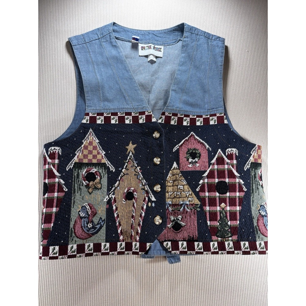 Vintage Denim Tapestry Women's Vest By On‎ The Verge Birdhouses Cottagecore USA
